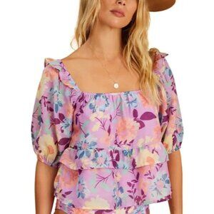 BILLABONG THE SALTY BLONDE Sweetest Ever Crop Blouse Sz L Purple Floral Ruffled